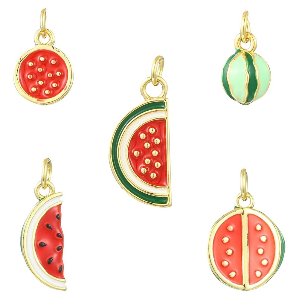 8805 5 pcs 5 Styles Cute Watermelon Theme Brass Enamel Charms Fruit Slice